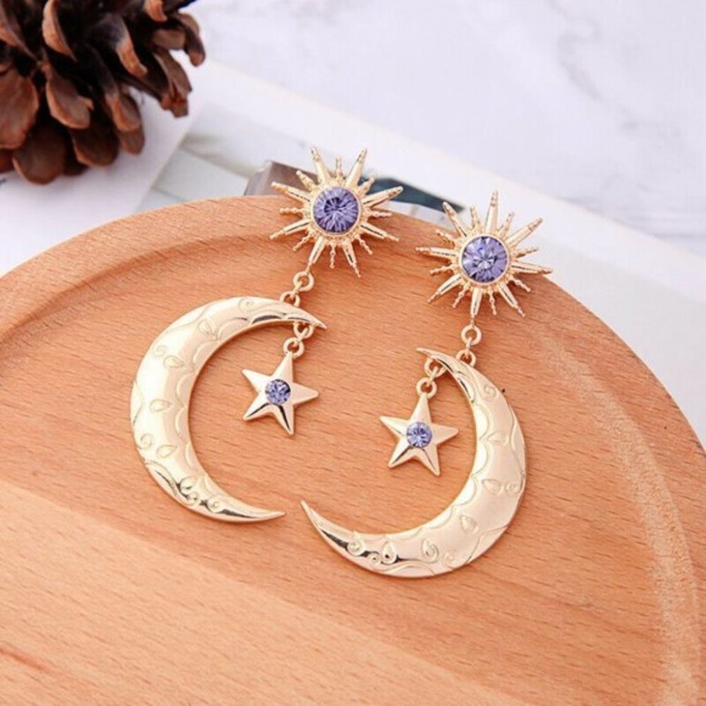 New 18K Gold Plated Brass Amethyst Sun Moon & Star Earrings lol